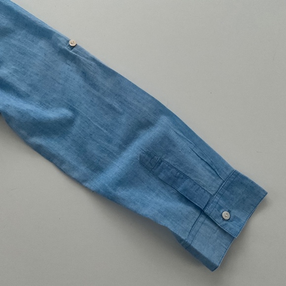 Oliphant Mandarin Collar Popover Blouse Sz L Blue Contemporary Classic Nomad - Picture 8 of 15